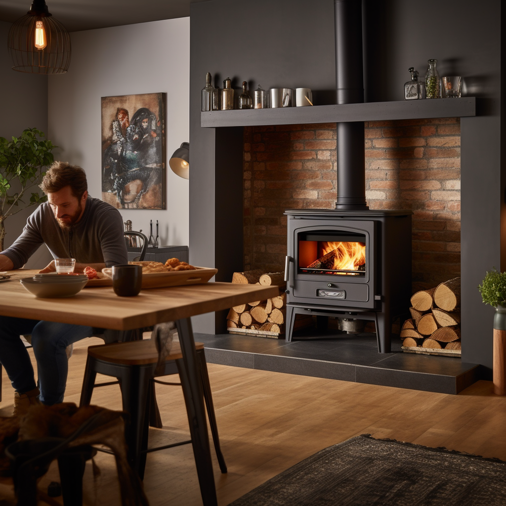log burning stove in a kitchen