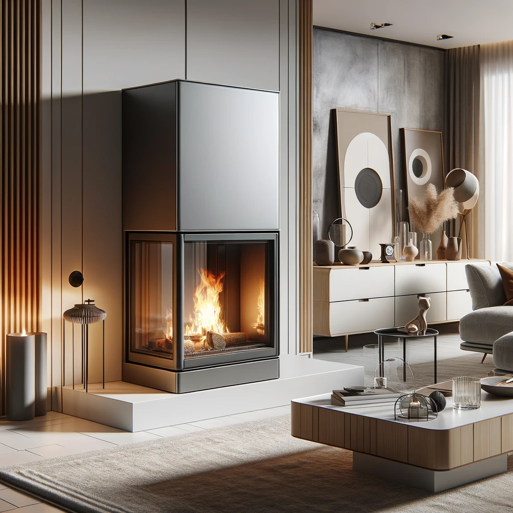modern wood burning stove in contemporary setting