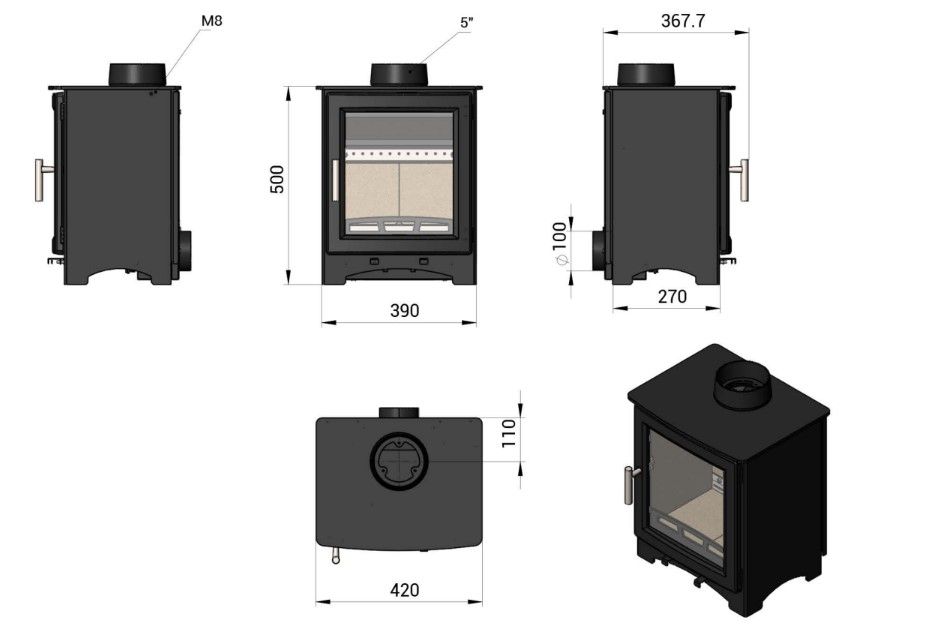 Birchley 5kw Wood Burning Stove - diameters