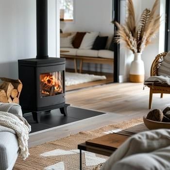 wood burning stove in modern living room