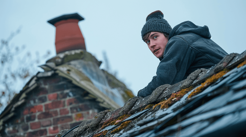 A man on the roof with a chimney cap in the background