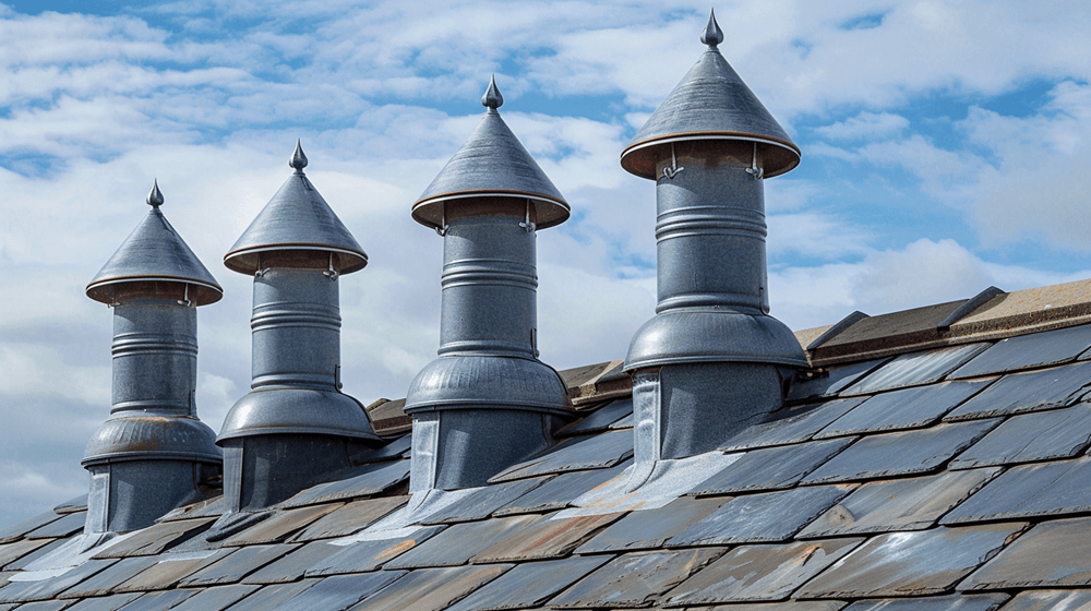 A row of four metal chimneys with caps