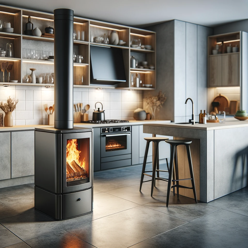 modern log burning stove in a kitchen