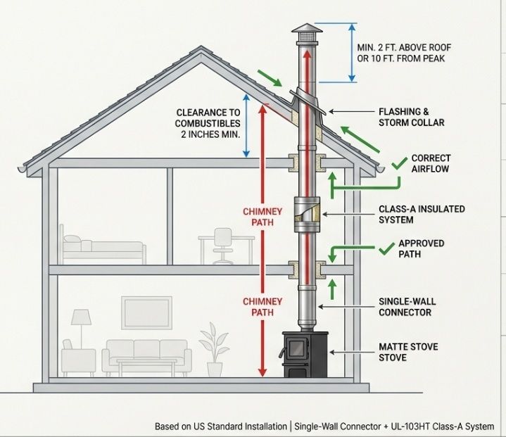 Chimney installation in a multi-story house - diagram showing stove pipe and Class A chimney route through two floors